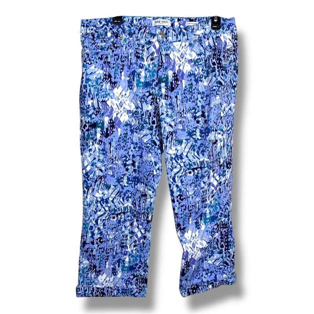 Size 14 Nine West Blue White Print Chrystie Capri Pant Stretch Cropped
